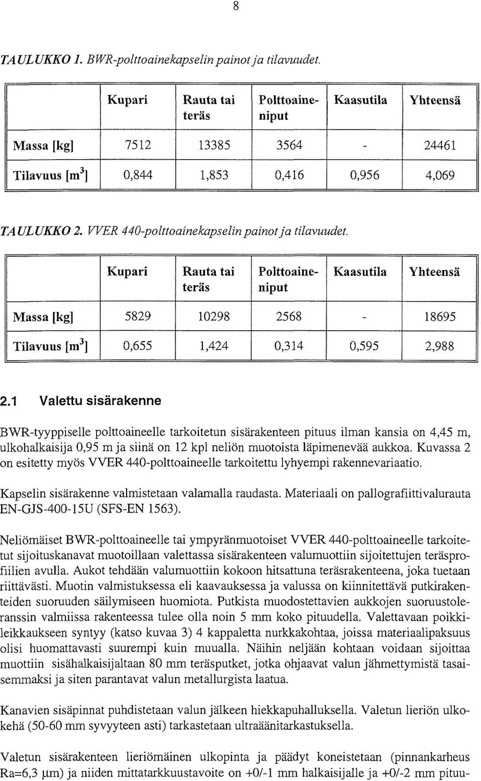 Kupari Rauta tai teräs Polttoaineniput Kaasutila Yhteensä Massa [kg] 5829 10298 2568-18695 Tilavuus [m 3 ] 0,655 1,424 0,314 0,595 2,988 2.