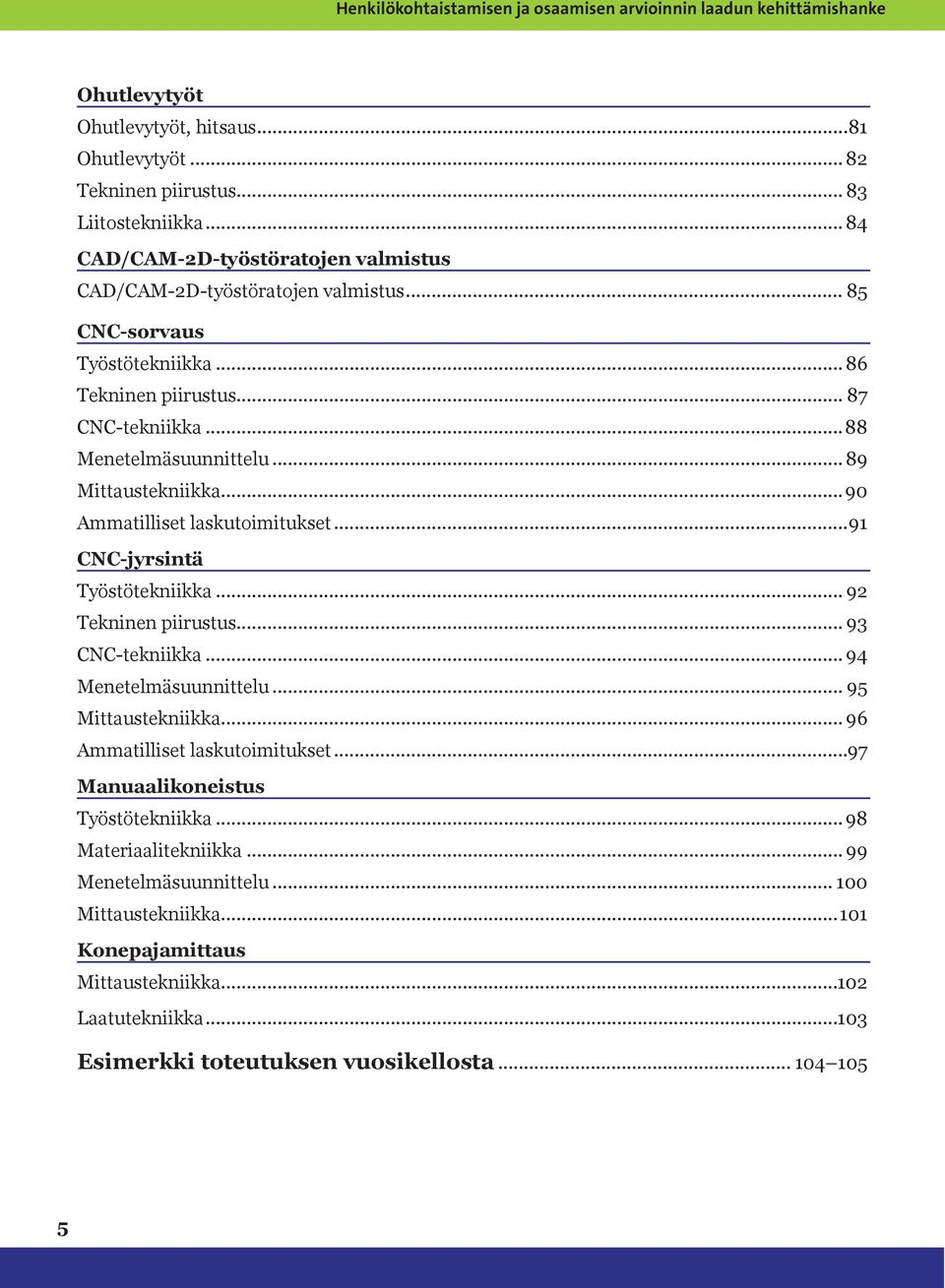 .. 89 Mittaustekniikka...90 Ammatilliset laskutoimitukset...91 CNC-jyrsintä Työstötekniikka... 92 Tekninen piirustus... 93 CNC-tekniikka... 94 Menetelmäsuunnittelu... 95 Mittaustekniikka.