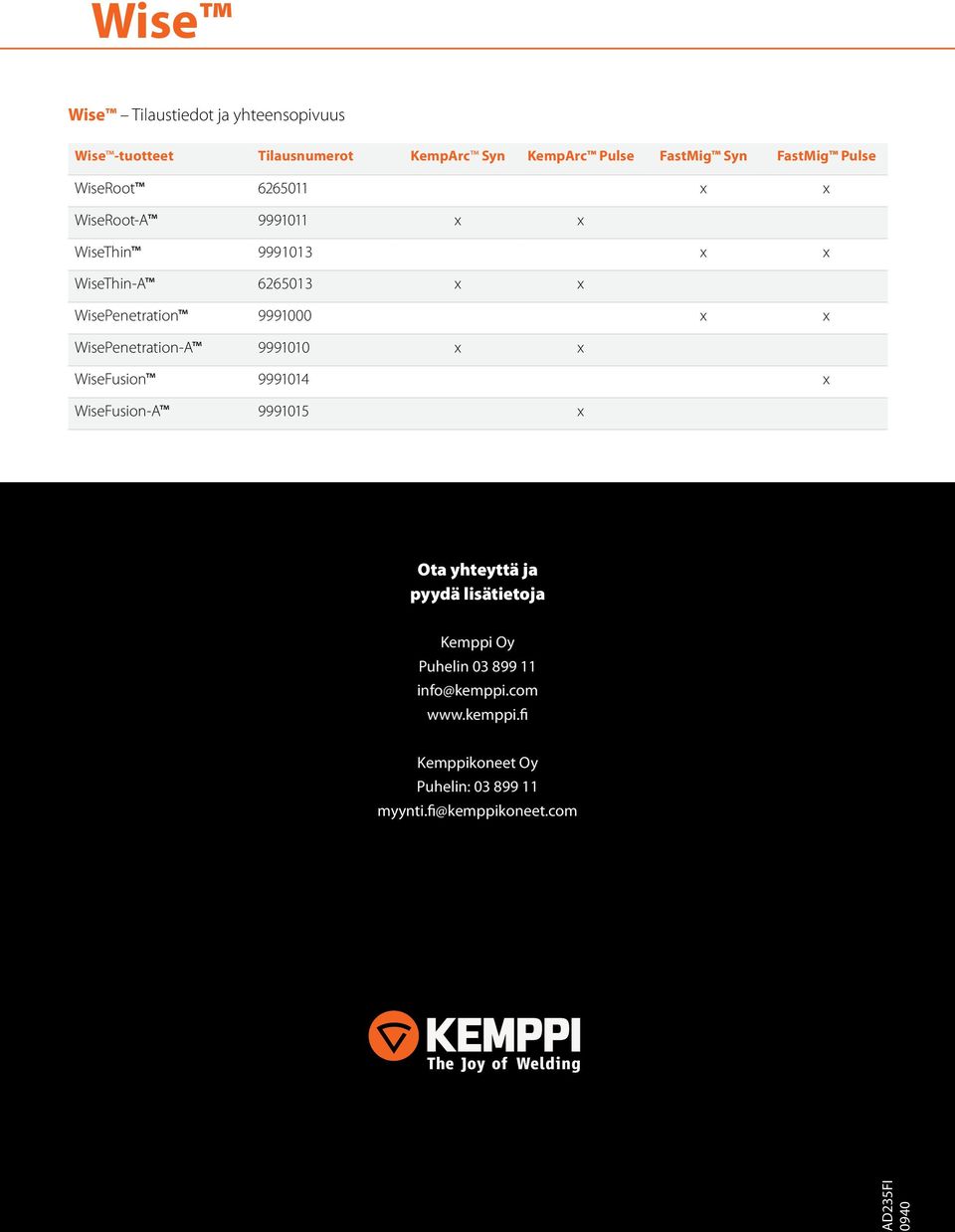 x WisePenetration-A 9991010 x x WiseFusion 9991014 x WiseFusion-A 9991015 x Ota yhteyttä ja pyydä lisätietoja Kemppi Oy