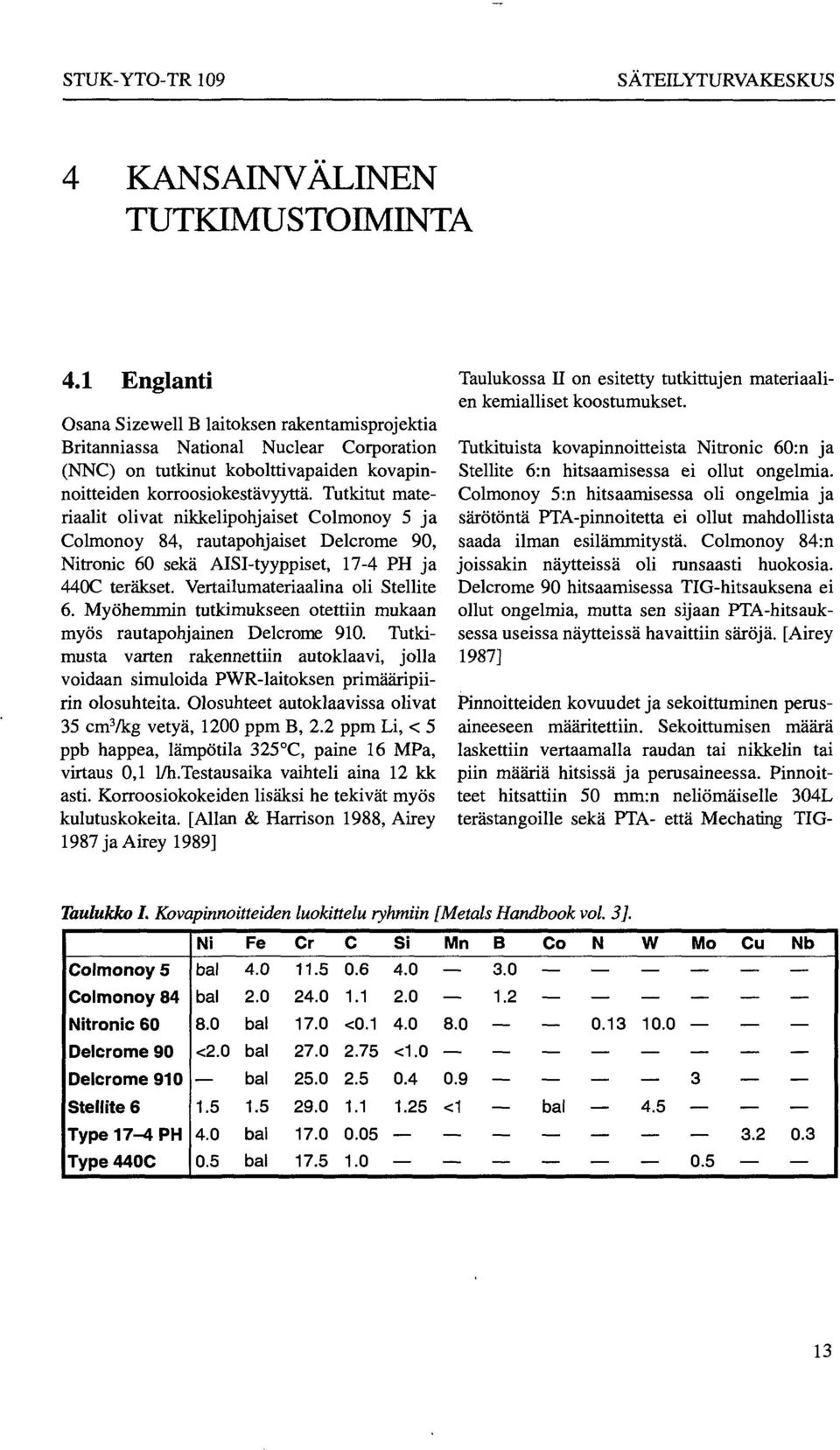 Tutkitut materiaalit olivat nikkelipohjaiset Colmonoy 5 ja Colmonoy 84, rautapohjaiset Delcrome 90, Nitronic 60 sekä AISI-tyyppiset, 17-4 PH ja 440C teräkset. Vertailumateriaalina oli Stellite 6.