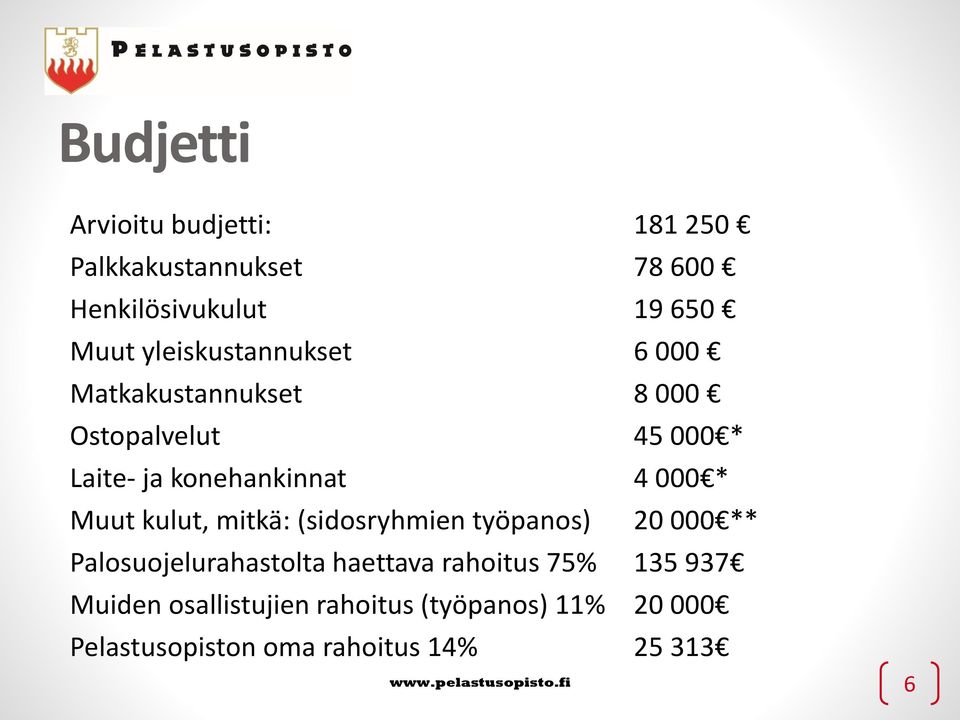 Muut kulut, mitkä: (sidosryhmien työpanos) 20 000 ** Palosuojelurahastolta haettava rahoitus 75% 135