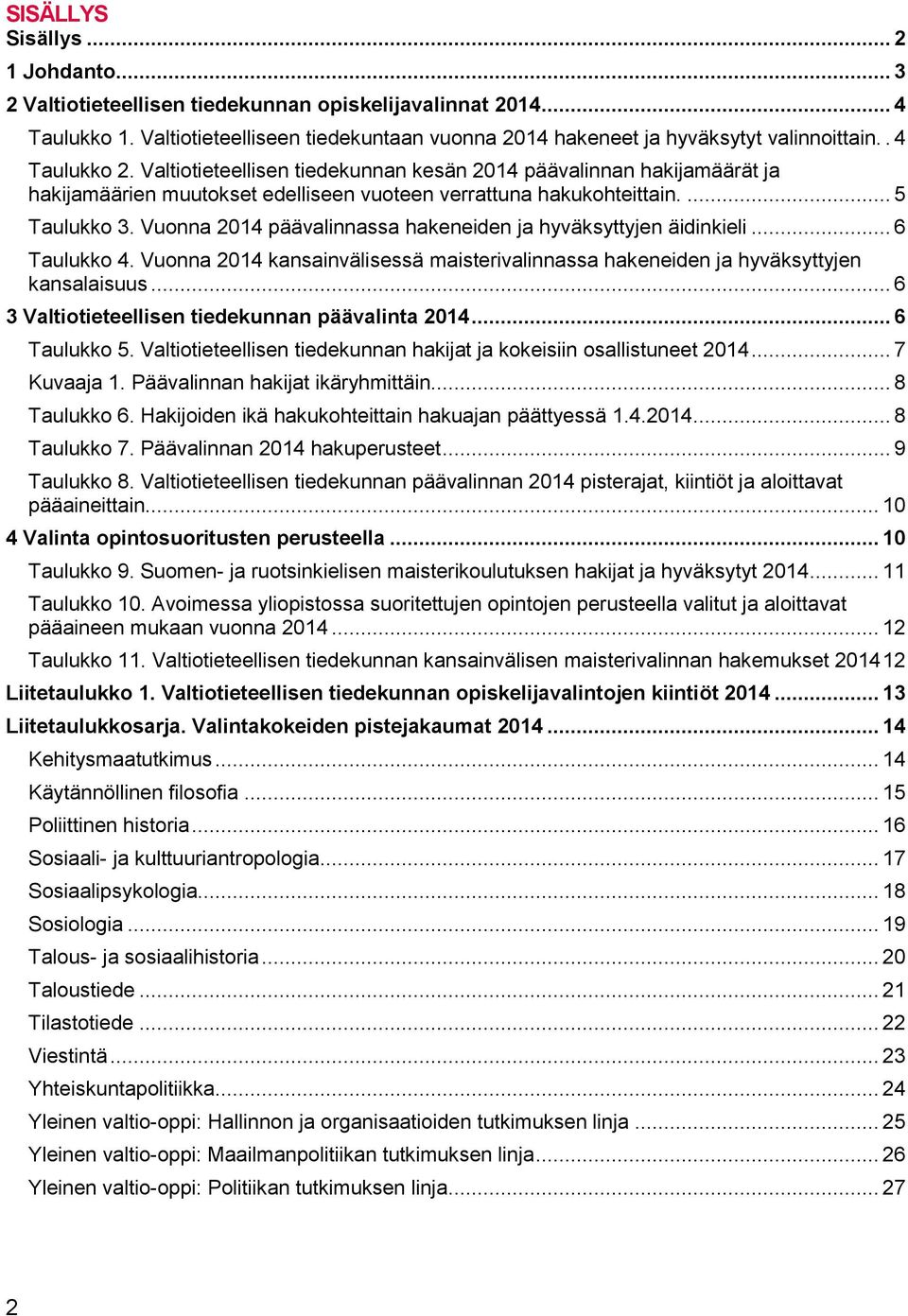 Valtiotieteellisen tiedekunnan kesän päävalinnan hakijamäärät ja hakijamäärien muutokset edelliseen vuoteen verrattuna hakukohteittain.... Taulukko.