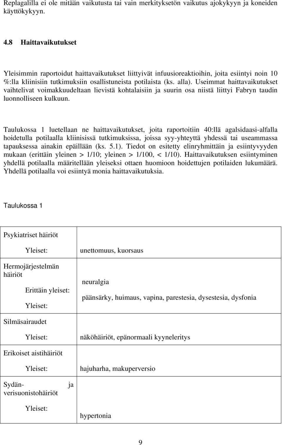 Useimmat haittavaikutukset vaihtelivat voimakkuudeltaan lievistä kohtalaisiin ja suurin osa niistä liittyi Fabryn taudin luonnolliseen kulkuun.