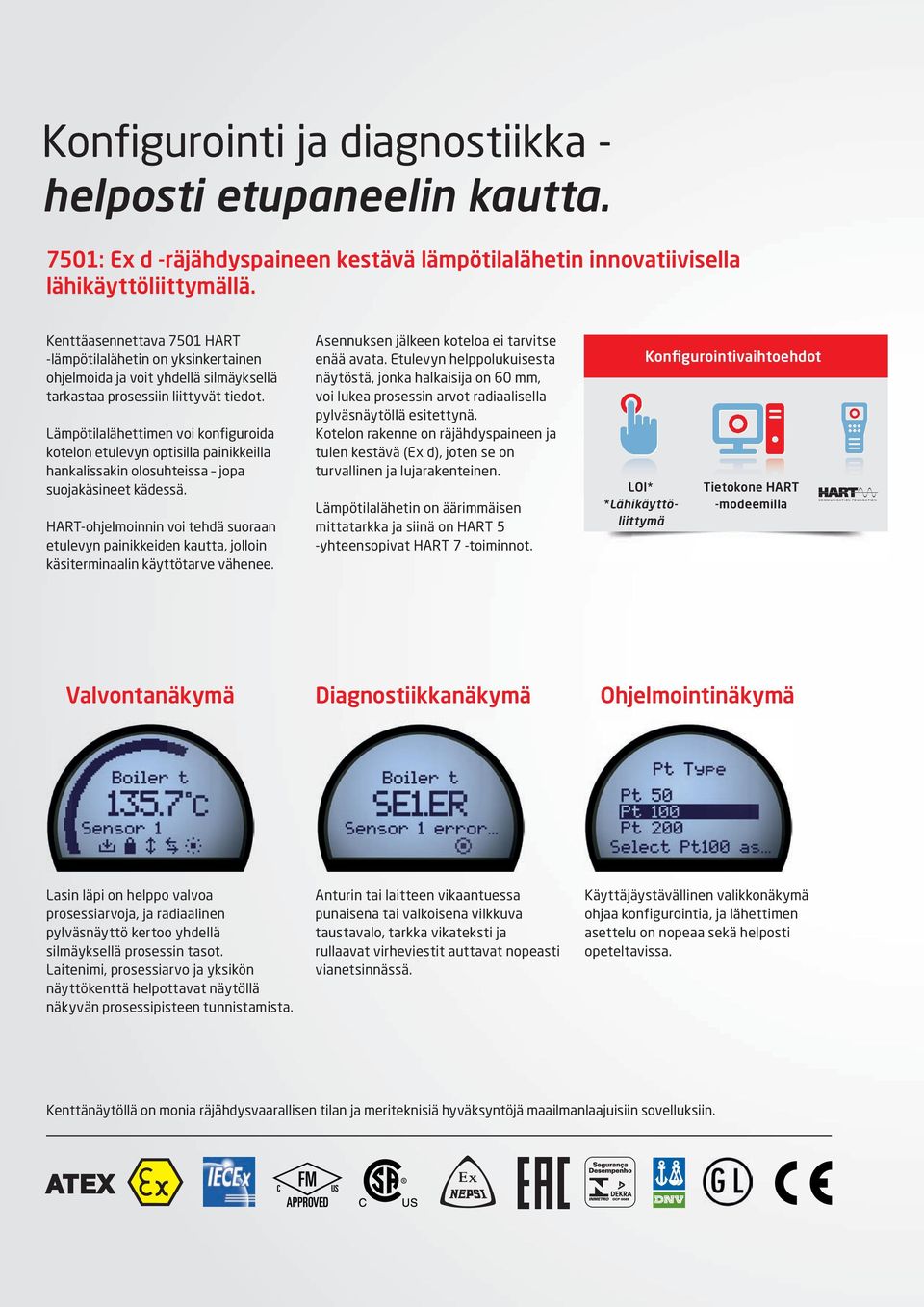 Lämpötilalähettimen voi konfiguroida kotelon etulevyn optisilla painikkeilla hankalissakin olosuhteissa jopa suojakäsineet kädessä.