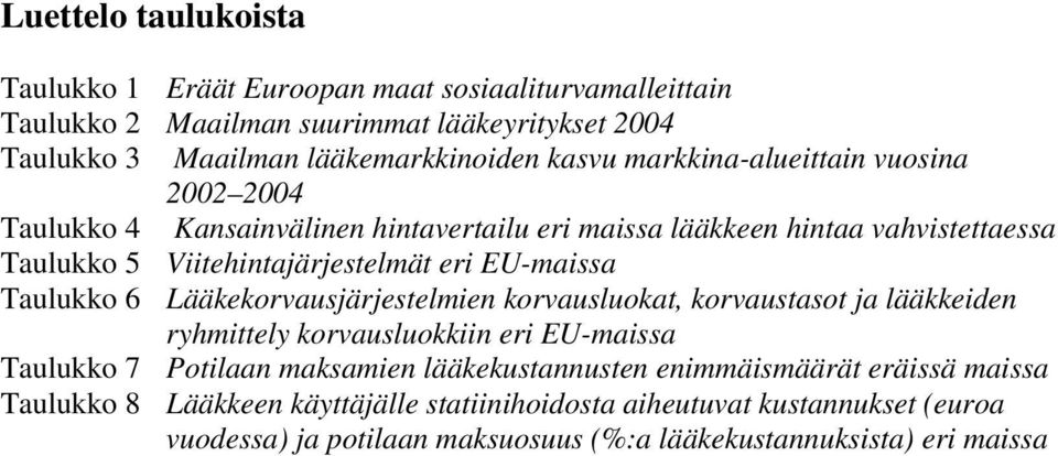 Taulukko 6 Lääkekorvausjärjestelmien korvausluokat, korvaustasot ja lääkkeiden ryhmittely korvausluokkiin eri EU-maissa Taulukko 7 Potilaan maksamien lääkekustannusten