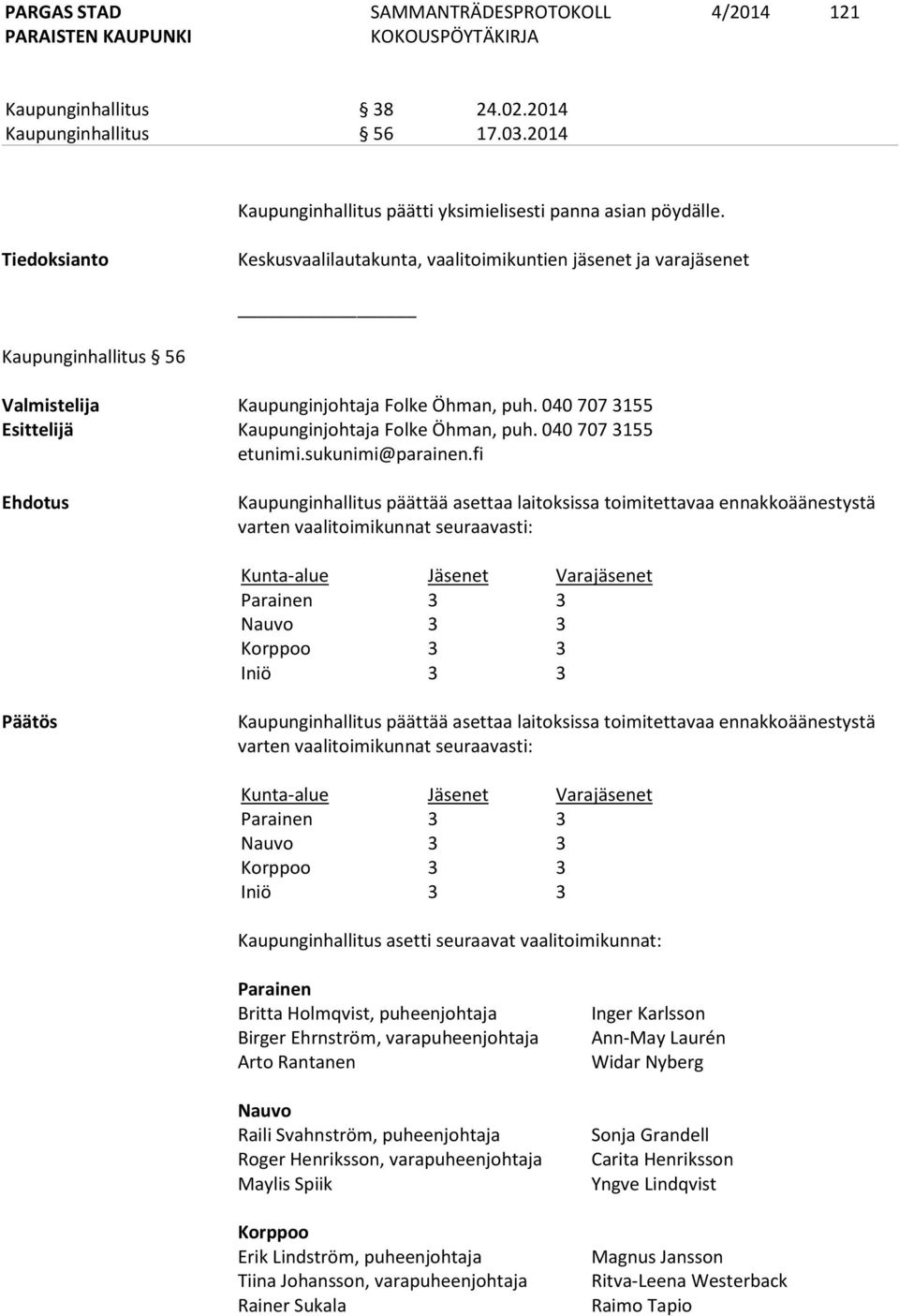 040 707 3155 Esittelijä Kaupunginjohtaja Folke Öhman, puh. 040 707 3155 etunimi.sukunimi@parainen.