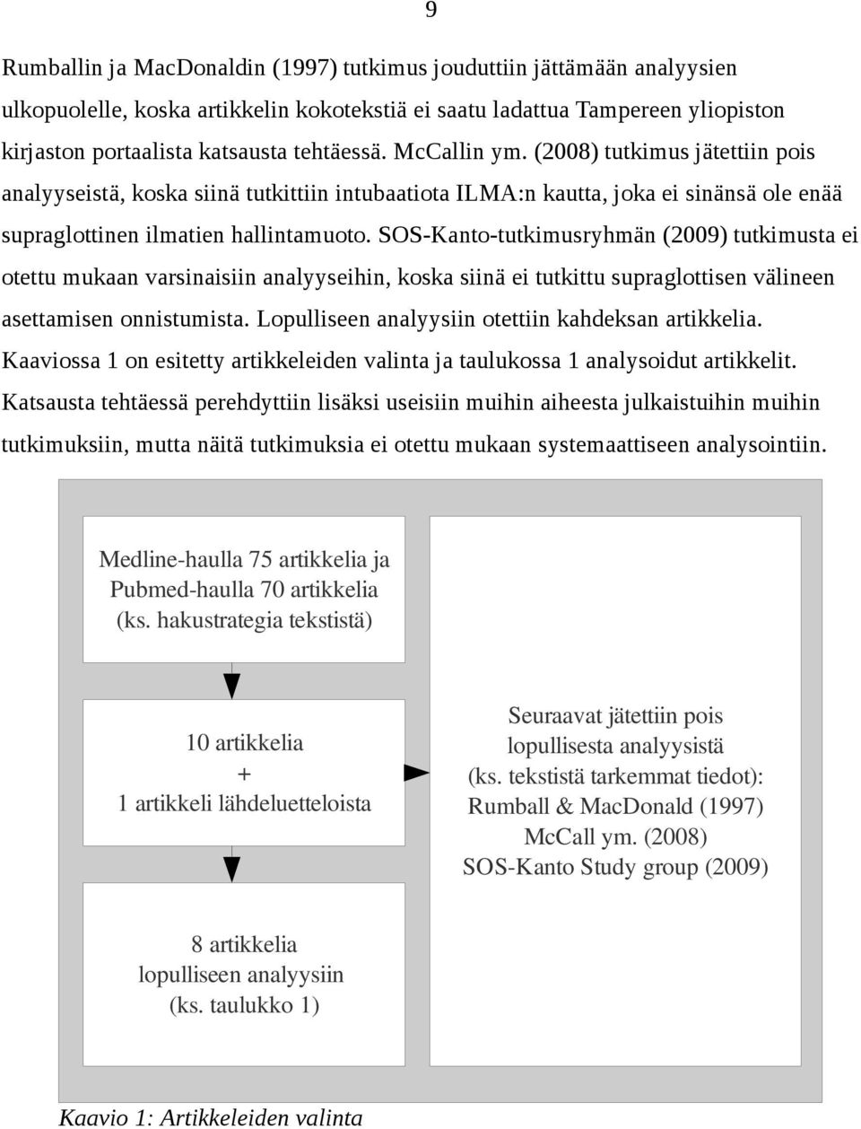 SOS-Kanto-tutkimusryhmän (2009) tutkimusta ei otettu mukaan varsinaisiin analyyseihin, koska siinä ei tutkittu supraglottisen välineen asettamisen onnistumista.