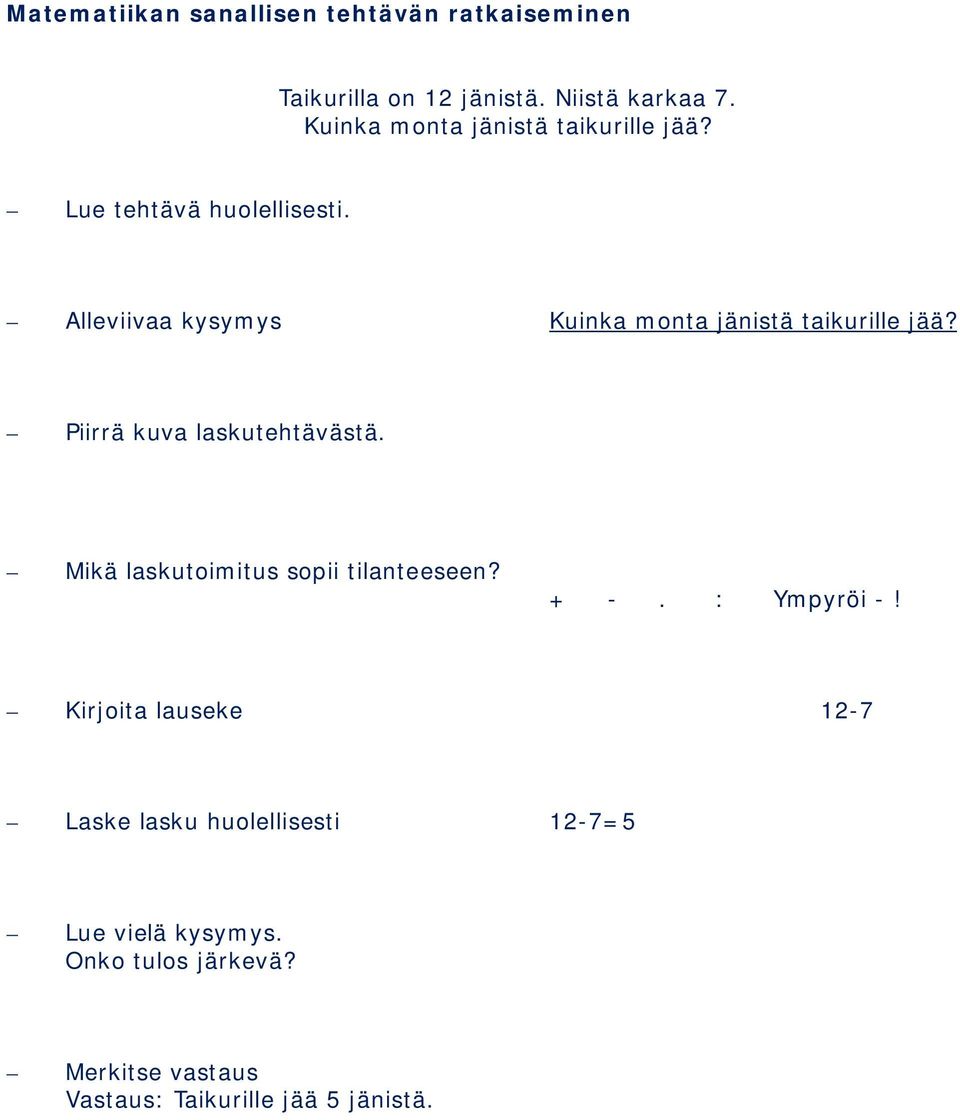 Alleviivaa kysymys Kuinka monta jänistä taikurille jää? Piirrä kuva laskutehtävästä.