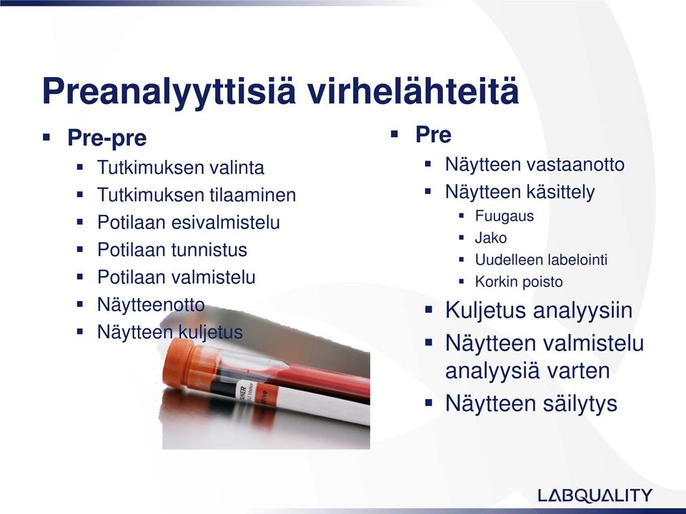 kuljetus Pre Näytteen vastaanotto Näytteen käsittely Fuugaus Jako Uudelleen