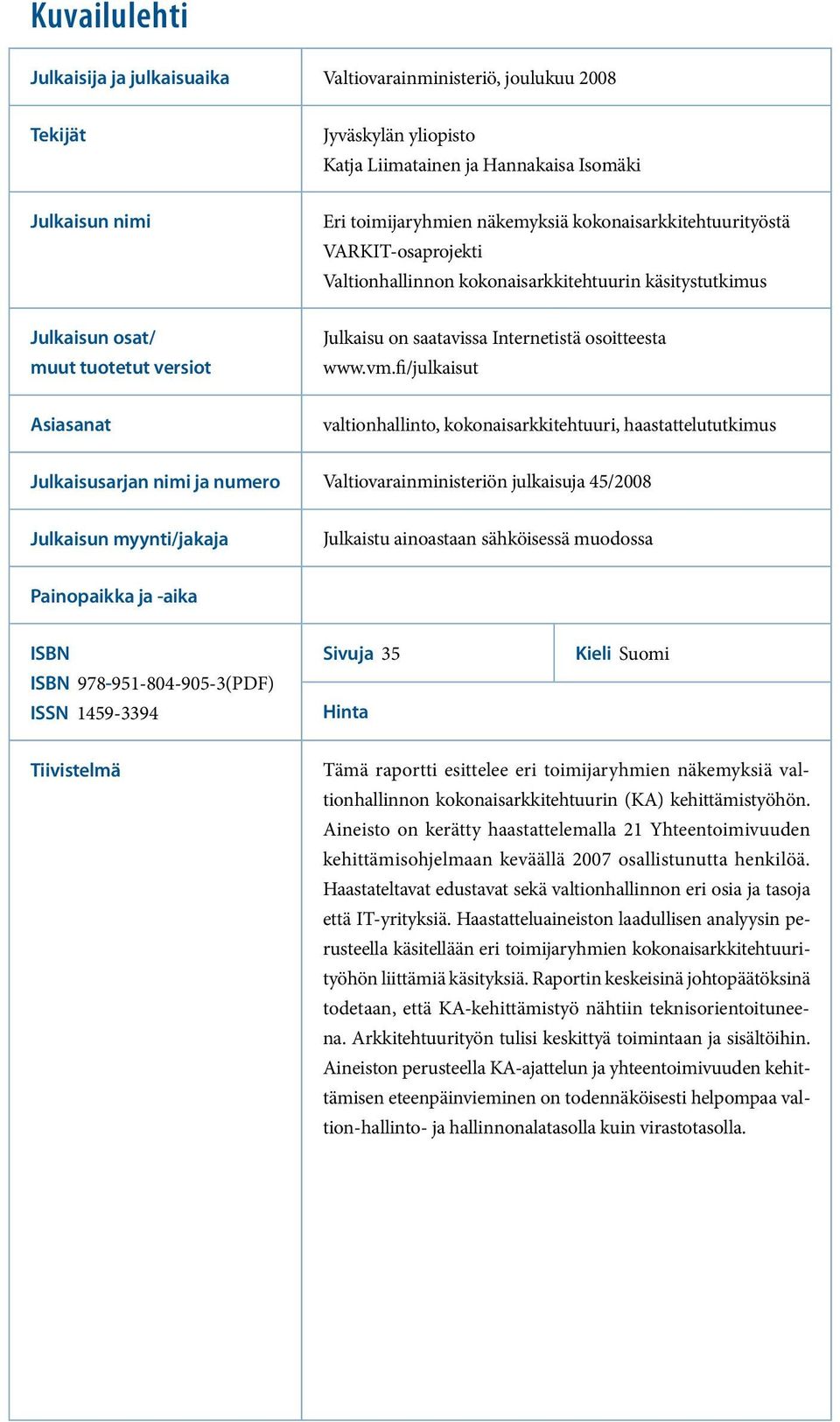 fi/julkaisut Asiasanat valtionhallinto, kokonaisarkkitehtuuri, haastattelututkimus Julkaisusarjan nimi ja numero Valtiovarainministeriön julkaisuja 45/2008 Julkaisun myynti/jakaja Julkaistu