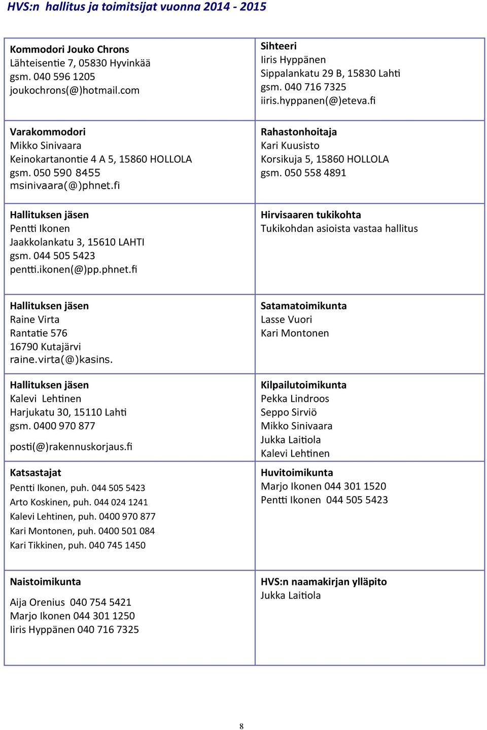 ikonen(@)pp.phnet.fi Sihteeri Iiris Hyppänen Sippalankatu 29 B, 15830 Lahti gsm. 040 716 7325 iiris.hyppanen(@)eteva.fi Rahastonhoitaja Kari Kuusisto Korsikuja 5, 15860 HOLLOLA gsm.