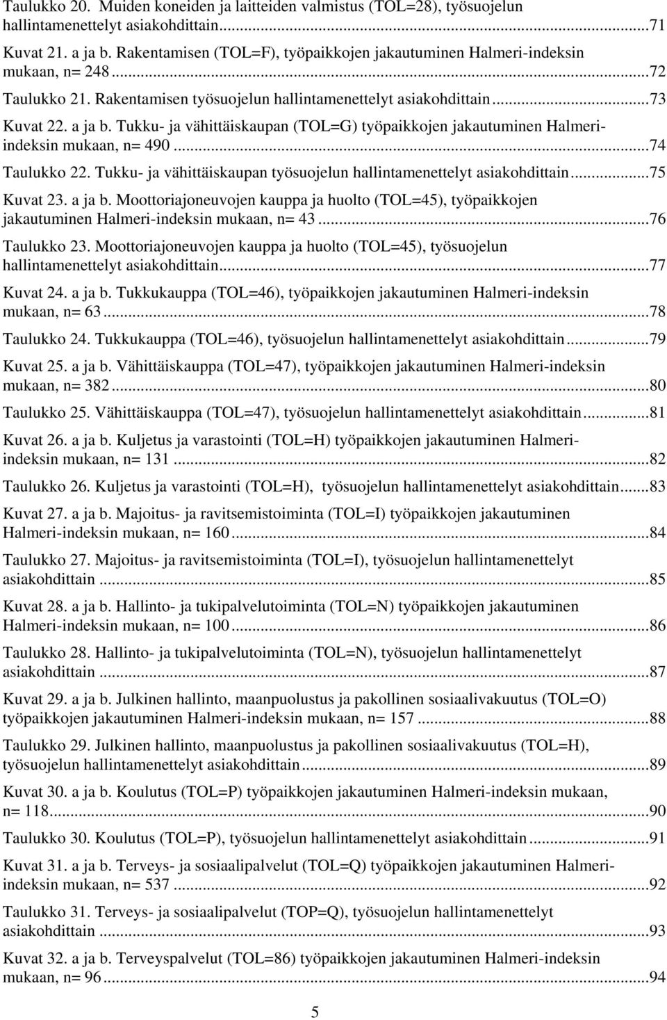 Tukku- ja vähittäiskaupan (TOL=G) työpaikkojen jakautuminen Halmeriindeksin mukaan, n= 490... 74 Taulukko 22. Tukku- ja vähittäiskaupan työsuojelun hallintamenettelyt asiakohdittain... 75 Kuvat 23.