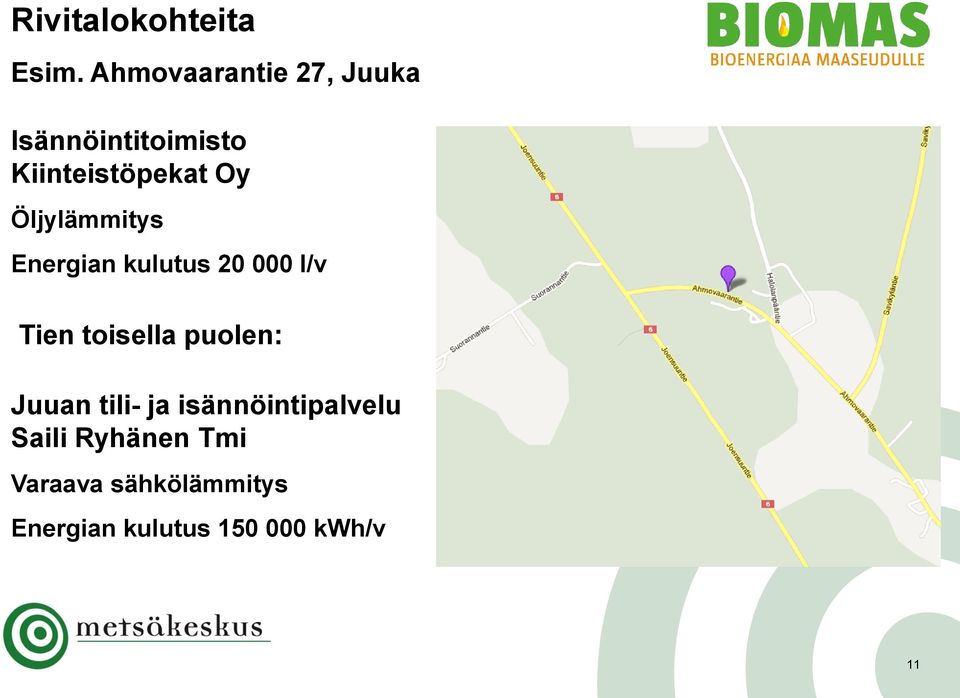 Öljylämmitys Energian kulutus 20 000 l/v Tien toisella puolen: