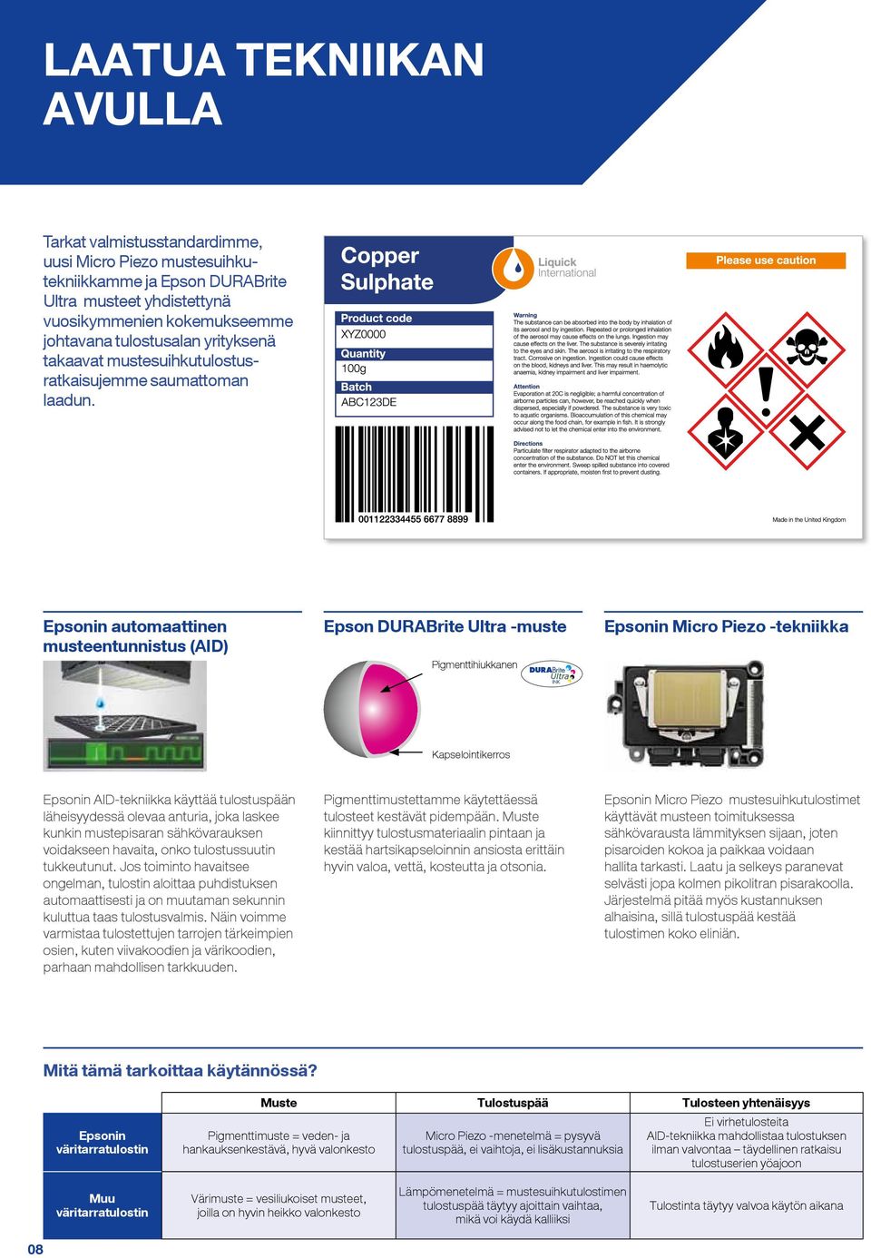 Epsonin automaattinen musteentunnistus (AID) Epson DURABrite Ultra -muste Pigmenttihiukkanen Epsonin Micro Piezo -tekniikka Kapselointikerros Epsonin AID-tekniikka käyttää tulostuspään läheisyydessä