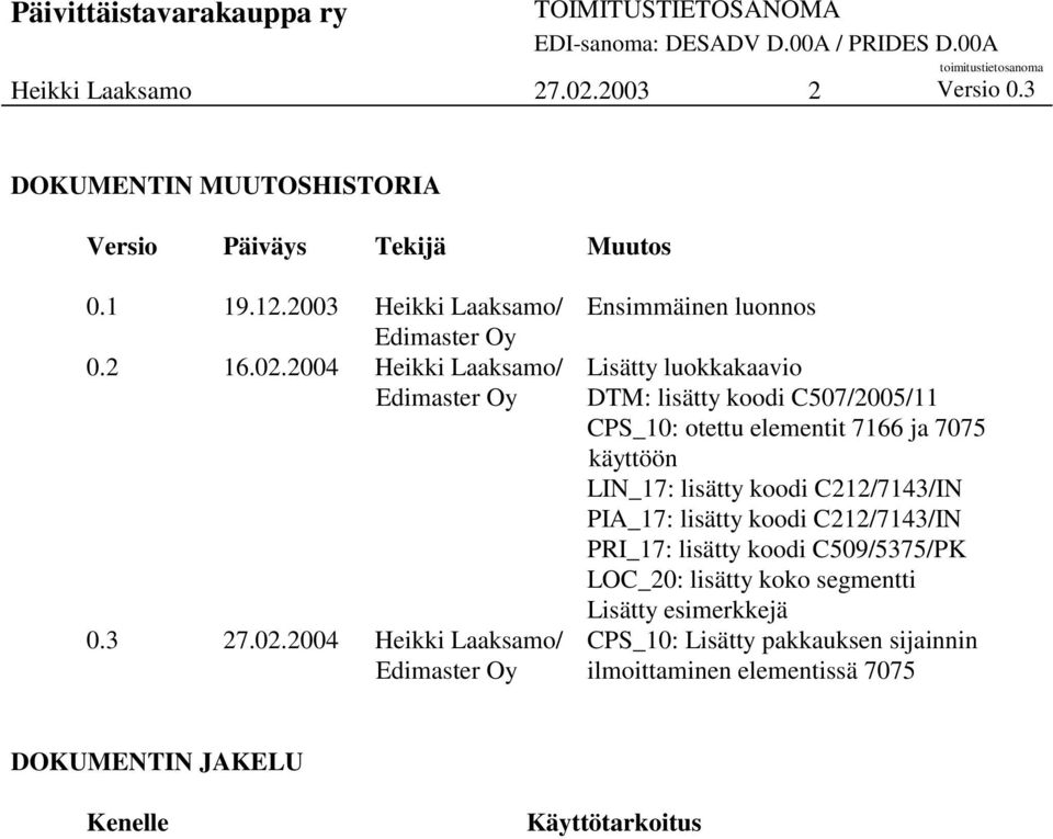 2004 Heikki Laaksamo/ Lisätty luokkakaavio Edimaster Oy : lisätty koodi C507/2005/ CPS_0: otettu elementit 766 ja 7075 käyttöön LIN_7: lisätty koodi