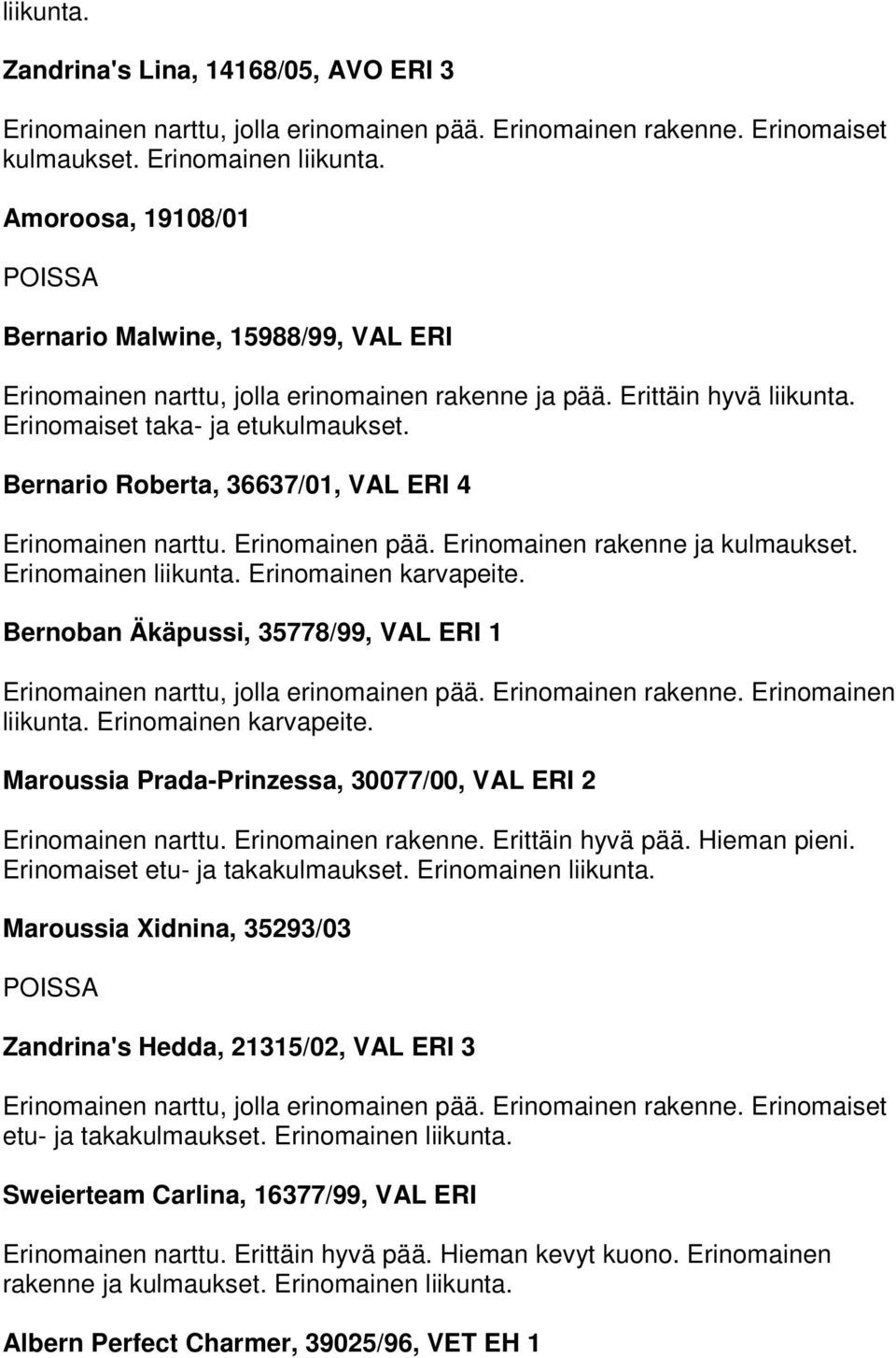 Bernoban Äkäpussi, 35778/99, VAL ERI 1 liikunta. Erinomainen karvapeite. Maroussia Prada-Prinzessa, 30077/00, VAL ERI 2 Erinomainen narttu. Erinomainen rakenne. Erittäin hyvä pää. Hieman pieni.