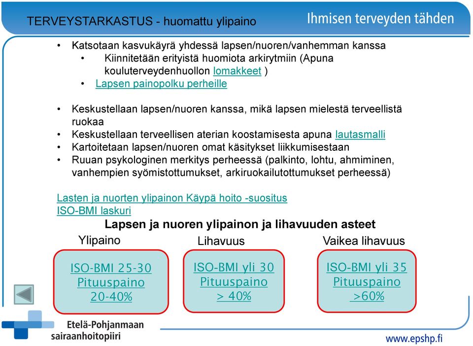 käsitykset liikkumisestaan Ruuan psykologinen merkitys perheessä (palkinto, lohtu, ahmiminen, vanhempien syömistottumukset, arkiruokailutottumukset perheessä) Lasten ja nuorten ylipainon Käypä