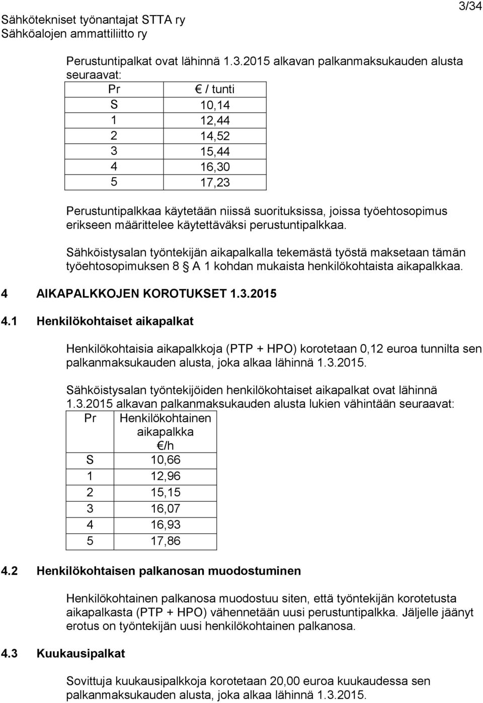 Sähköistysalan työntekijän aikapalkalla tekemästä työstä maksetaan tämän työehtosopimuksen 8 A 1 kohdan mukaista henkilökohtaista aikapalkkaa. 4 AIKAPALKKOJEN KOROTUKSET 1.3.2015 4.