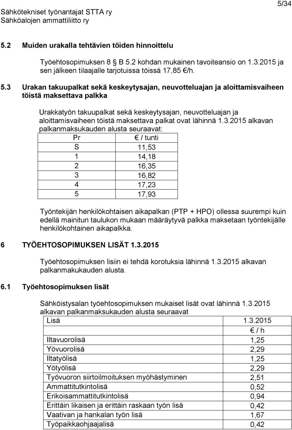 2 kohdan mukainen tavoiteansio on 1.3.2015 ja sen jälkeen tilaajalle tarjotuissa töissä 17,85 /h. 5.