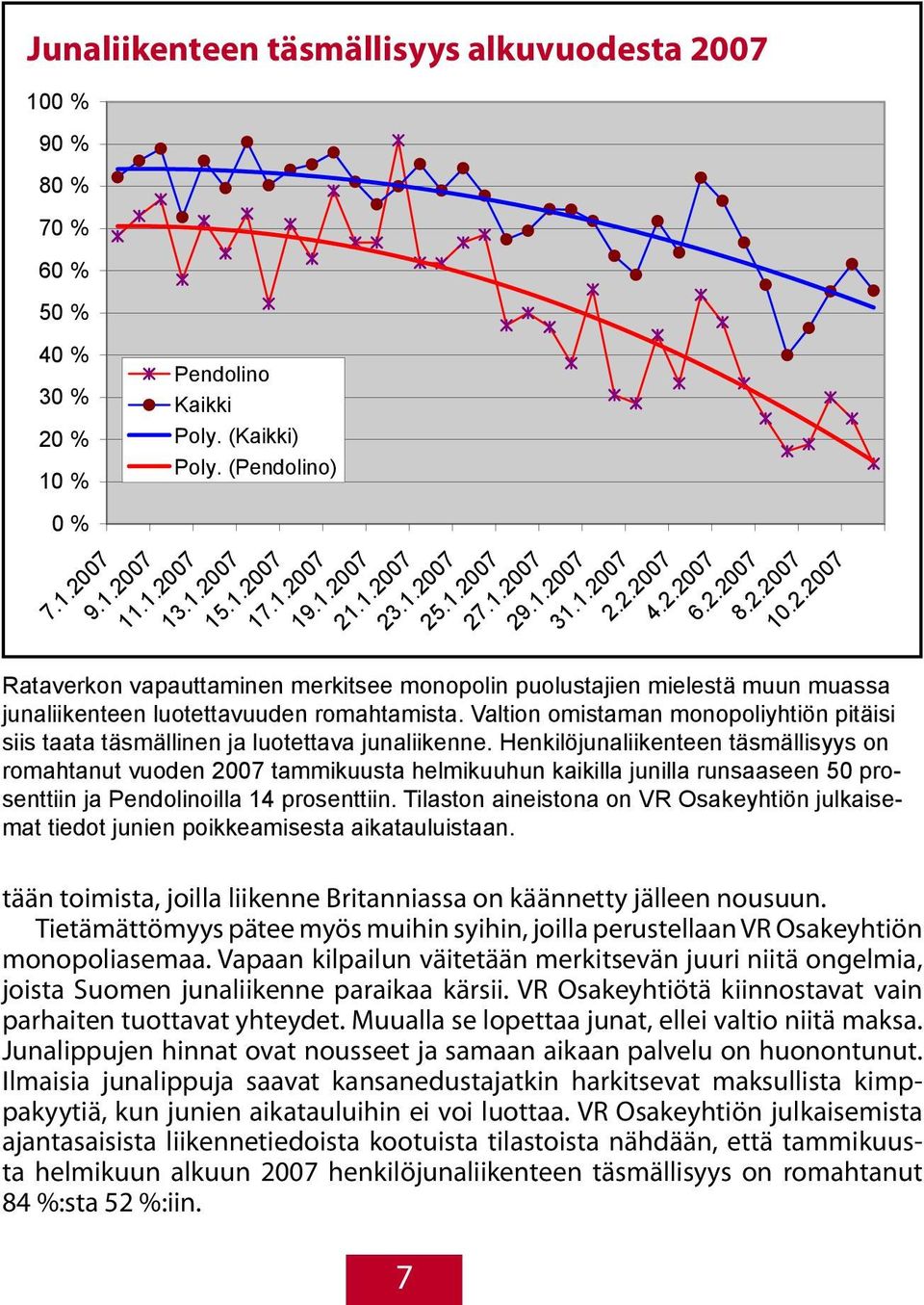 Valtion omistaman monopoliyhtiön pitäisi siis taata täsmällinen ja luotettava junaliikenne.