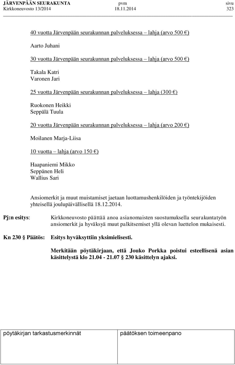 seurakunnan palveluksessa lahja (300 ) Ruokonen Heikki Seppälä Tuula 20 vuotta Järvenpään seurakunnan palveluksessa lahja (arvo 200 ) Moilanen Marja-Liisa 10 vuotta lahja (arvo 150 ) Haapaniemi Mikko