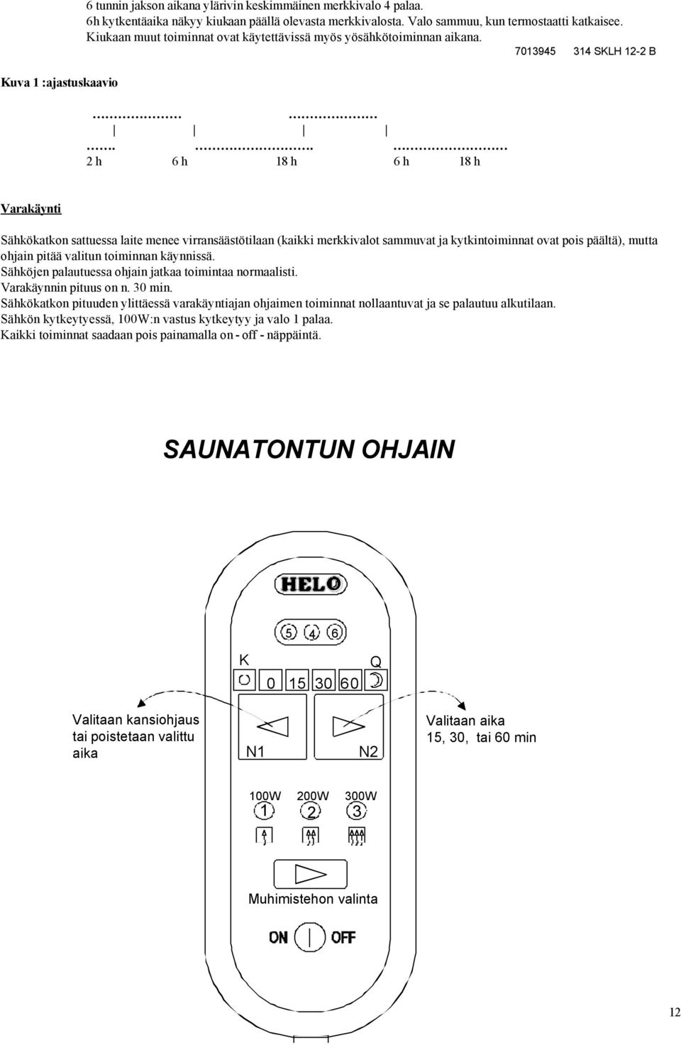 . 2 h 6 h 18 h 6 h 18 h Varakäynti Sähkökatkon sattuessa laite menee virransäästötilaan (kaikki merkkivalot sammuvat ja kytkintoiminnat ovat pois päältä), mutta ohjain pitää valitun toiminnan