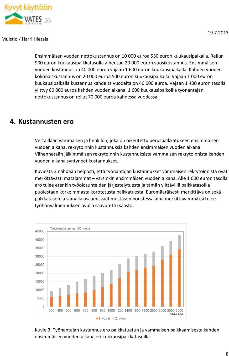 Vajaan 1 000 euron kuukausipalkalla kustannus kahdelta vuodelta on 40 000 euroa. Vajaan 1 400 euron tasolla ylittyy 60 000 euroa kahden vuoden aikana.