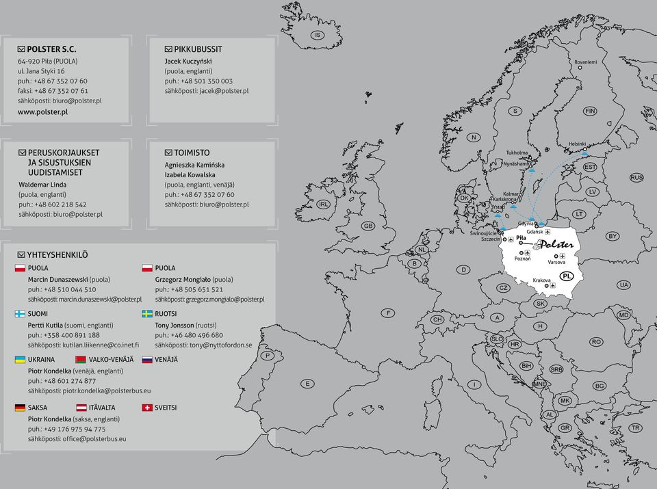 pl TOIMISTO Agnieszka Kamińska Izabela Kowalska (puola, englanti, venäjä) puh.: +48 67 352 07 60 sähköposti: biuro@polster.