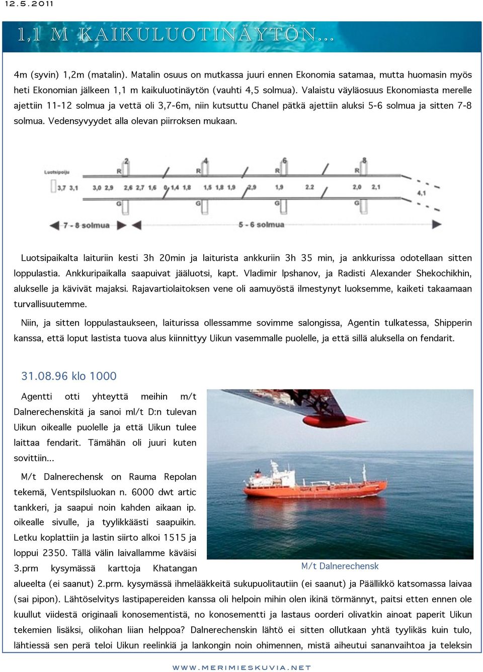 Vedensyvyydet alla olevan piirroksen mukaan. Luotsipaikalta laituriin kesti 3h 20min ja laiturista ankkuriin 3h 35 min, ja ankkurissa odotellaan sitten loppulastia.