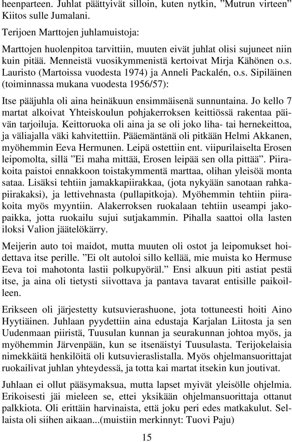 s. Sipiläinen (toiminnassa mukana vuodesta 1956/57): Itse pääjuhla oli aina heinäkuun ensimmäisenä sunnuntaina.