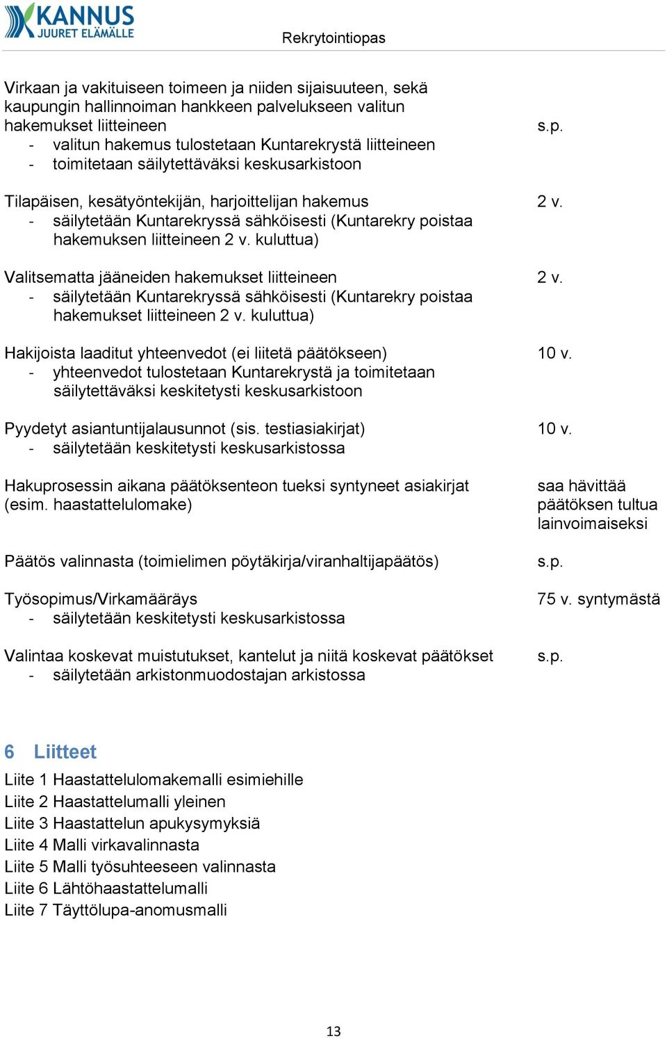 - säilytetään Kuntarekryssä sähköisesti (Kuntarekry poistaa hakemuksen liitteineen 2 v. kuluttua) Valitsematta jääneiden hakemukset liitteineen 2 v.