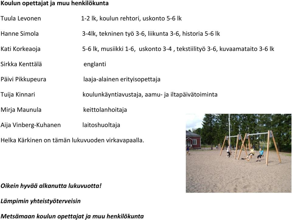 tekstiilityö 3 6, kuvaamataito 3 6 lk englanti laaja alainen erityisopettaja koulunkäyntiavustaja, aamu ja iltapäivätoiminta keittolanhoitaja