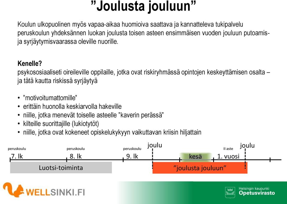 psykososiaaliseti oireileville oppilaille, jotka ovat riskiryhmässä opintojen keskeyttämisen osalta ja tätä kautta riskissä syrjäytyä motivoitumattomille erittäin huonolla