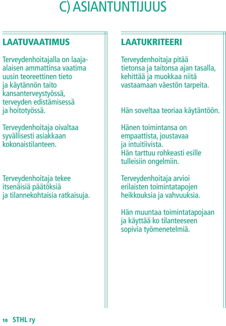 Terveydenhoitaja pitää tietonsa ja taitonsa ajan tasalla, kehittää ja muokkaa niitä vastaamaan väestön tarpeita. Hän soveltaa teoriaa käytäntöön.