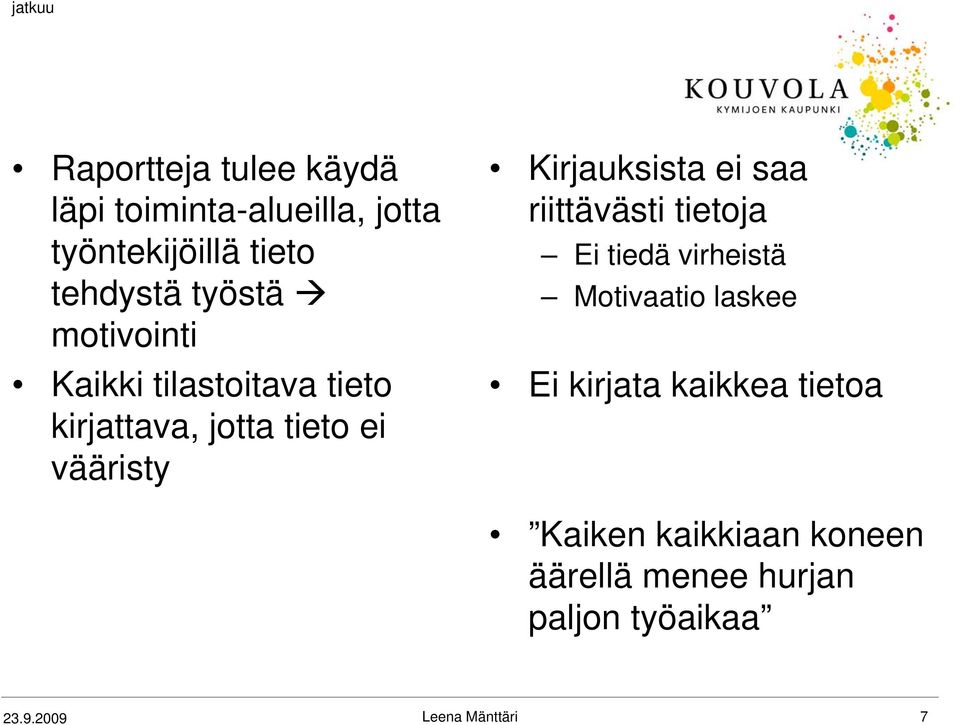 vääristy Kirjauksista ei saa riittävästi tietoja Ei tiedä virheistä Motivaatio laskee