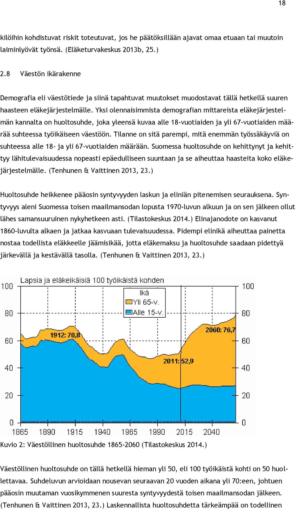 Yksi olennaisimmista demografian mittareista eläkejärjestelmän kannalta on huoltosuhde, joka yleensä kuvaa alle 18-vuotiaiden ja yli 67-vuotiaiden määrää suhteessa työikäiseen väestöön.