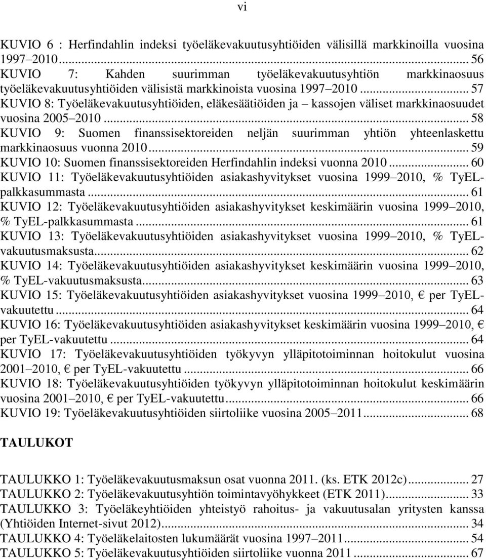 .. 57 KUVIO 8: Työeläkevakuutusyhtiöiden, eläkesäätiöiden ja kassojen väliset markkinaosuudet vuosina 2005 2010.