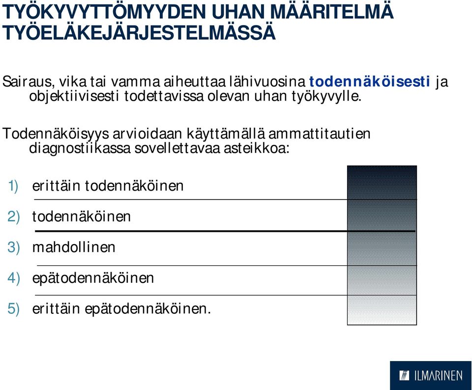 Todennäköisyys arvioidaan käyttämällä ammattitautien diagnostiikassa sovellettavaa asteikkoa: