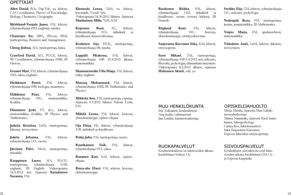 2011 lähtien. Sijaisena Matikainen Milla, TaM, KM. Koponen Ruut, FL, lehtori, ryhmänohjaaja 10A, äidinkieli ja kirjallisuus, kirjastonhoitaja.