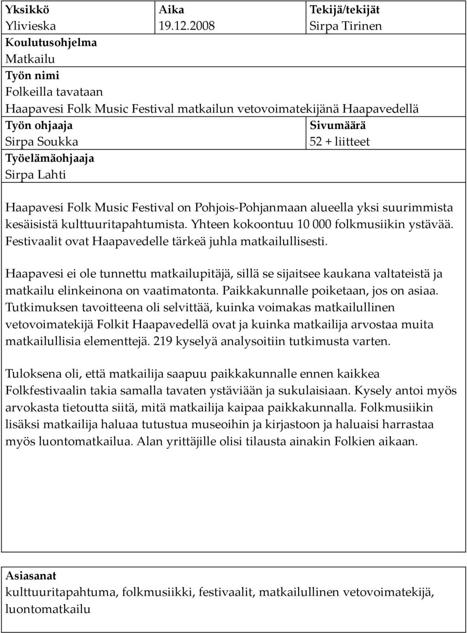 liitteet Työelämäohjaaja Sirpa Lahti Haapavesi Folk Music Festival on Pohjois-Pohjanmaan alueella yksi suurimmista kesäisistä kulttuuritapahtumista. Yhteen kokoontuu 10 000 folkmusiikin ystävää.