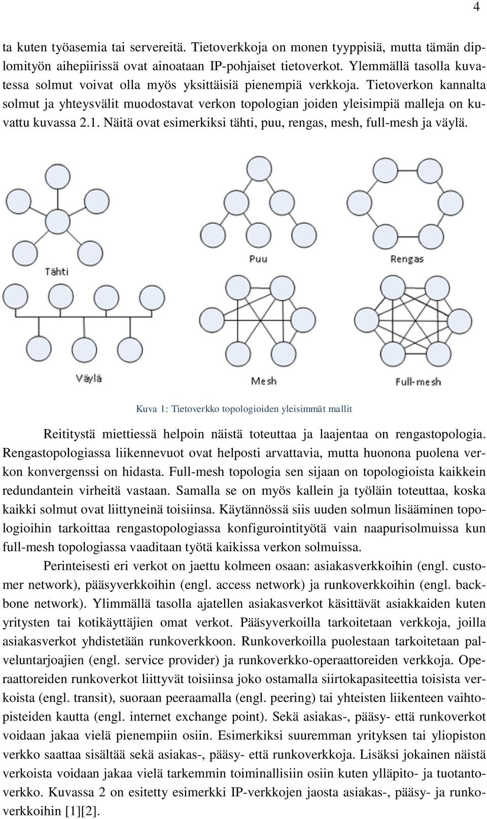 Tietoverkon kannalta solmut ja yhteysvälit muodostavat verkon topologian joiden yleisimpiä malleja on kuvattu kuvassa 2.1. Näitä ovat esimerkiksi tähti, puu, rengas, mesh, full-mesh ja väylä.