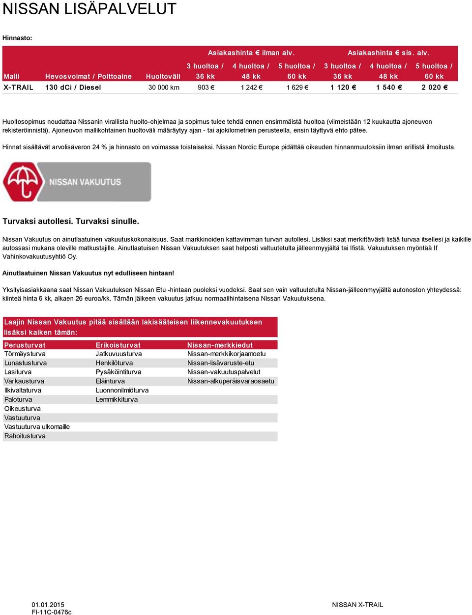 Malli Hev os v oimat / Polttoaine Huoltov äli 3 huoltoa / 36 k k 4 huoltoa / 48 k k 5 huoltoa / 60 k k 3 huoltoa / 36 k k 4 huoltoa / 48 k k 5 huoltoa / 60 k k X- TRAIL 130 dci / Dies el 30 000 km