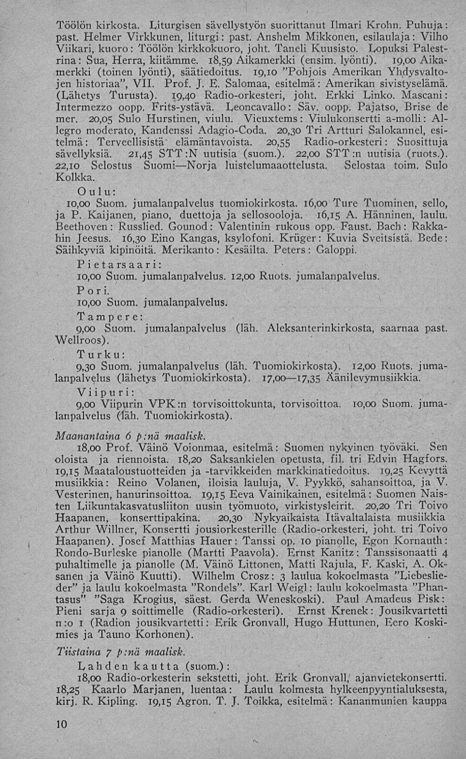 Prof. J. E. Salomaa, esitelmä: Amerikan sivistyselämä. (Lähetys Turusta). 19,40 Radioorkesteri, joht. Erkki Linko. Mascani: Intermezzo oopp. Fritsystävä. Leoncavallo: Säv. oopp. Pajatso, Brise de mer.