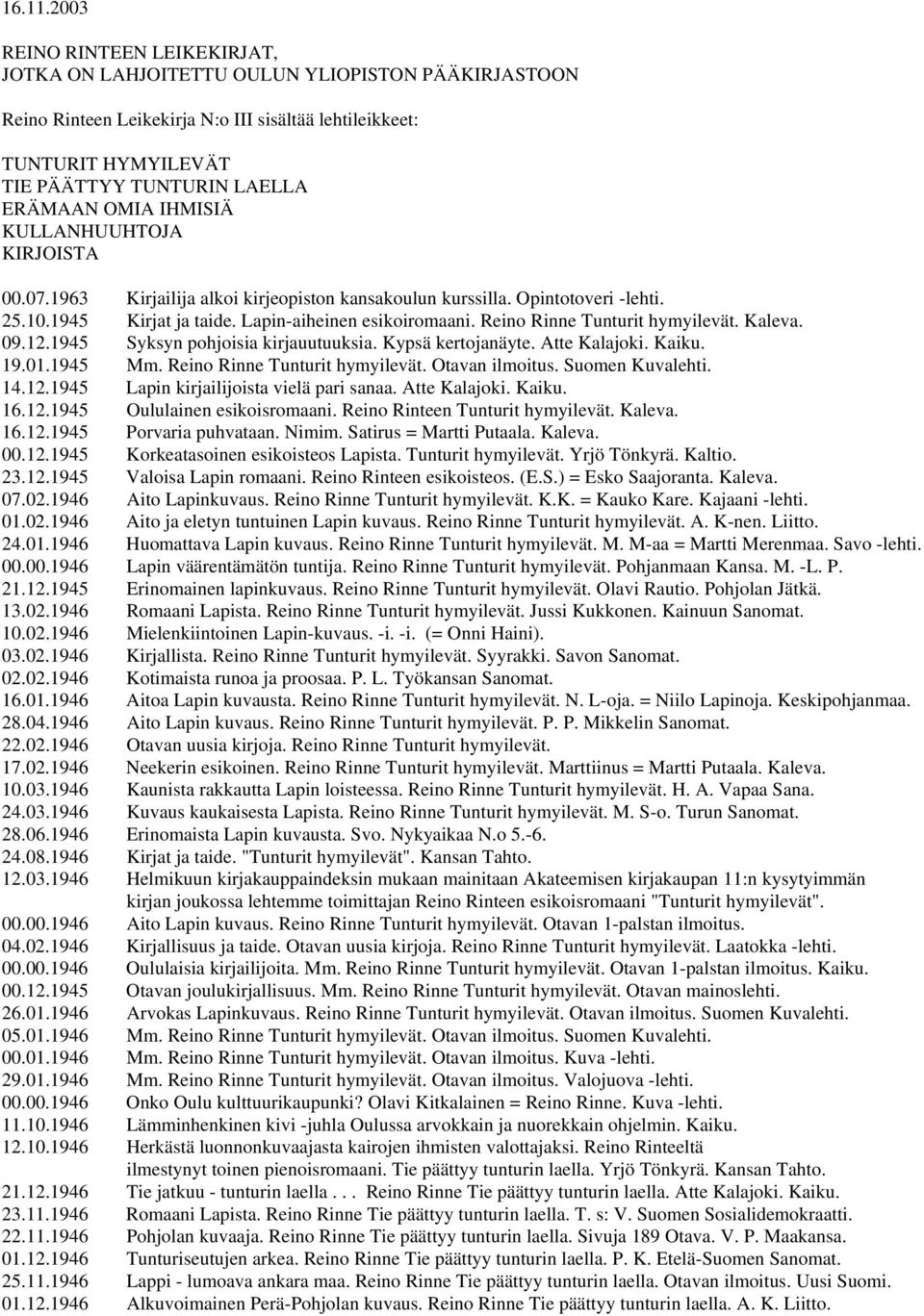 OMIA IHMISIÄ KULLANHUUHTOJA KIRJOISTA 00.07.1963 Kirjailija alkoi kirjeopiston kansakoulun kurssilla. Opintotoveri -lehti. 25.10.1945 Kirjat ja taide. Lapin-aiheinen esikoiromaani.