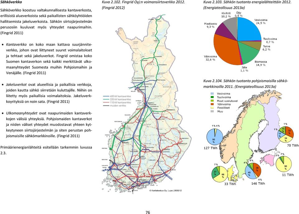 Sähkön tuotanto energialähteittäin 2012. (Energiateollisuus 2013a) Kantaverkko on koko maan kattava suurjänniteverkko, johon ovat liittyneet suuret voimalaitokset ja tehtaat sekä jakeluverkot.