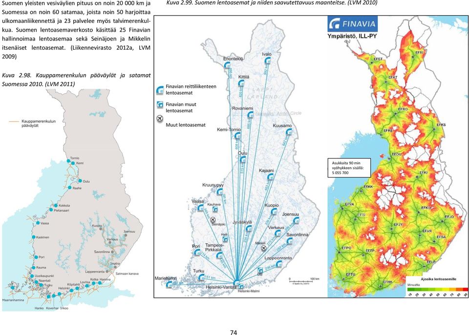 (Liikennevirasto 2012a, LVM 2009) Kuva 2.99. Suomen lentoasemat ja niiden saavutettavuus maanteitse. (LVM 2010) Kuva 2.98.