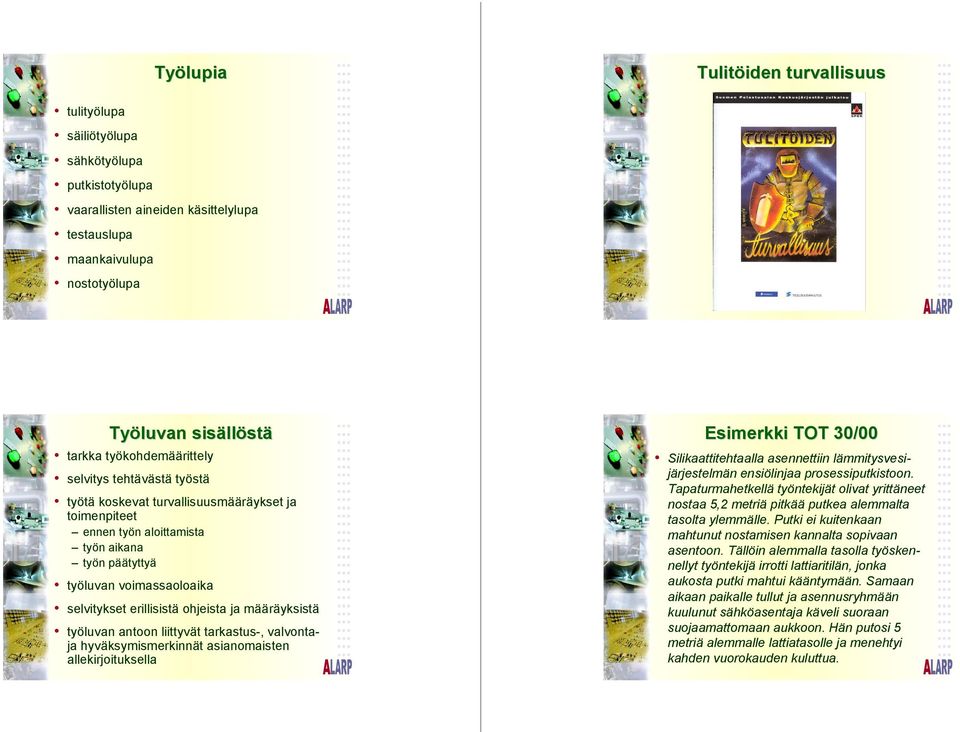 ohjeista ja määräyksistä työluvan antoon liittyvät tarkastus-, valvontaja hyväksymismerkinnät asianomaisten allekirjoituksella Esimerkki TOT 30/00 Silikaattitehtaalla asennettiin