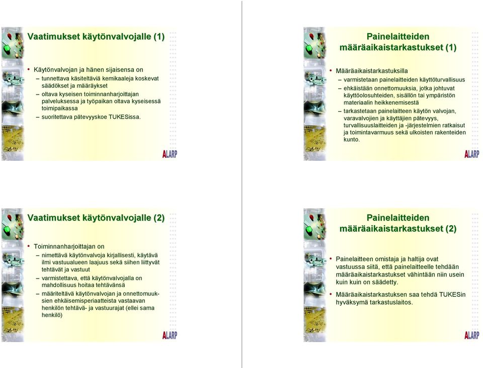 Määräaikaistarkastuksilla varmistetaan painelaitteiden käyttöturvallisuus ehkäistään onnettomuuksia, jotka johtuvat käyttöolosuhteiden, sisällön tai ympäristön materiaalin heikkenemisestä