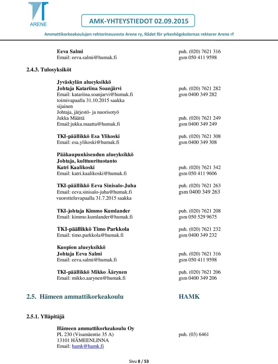 fi gsm 0400 349 249 TKI-päällikkö Esa Ylikoski puh. (020) 7621 308 Email: esa.ylikoski@humak.fi gsm 0400 349 308 Pääkaupunkiseudun alueyksikkö Johtaja, kulttuurituotanto Katri Kaalikoski puh.