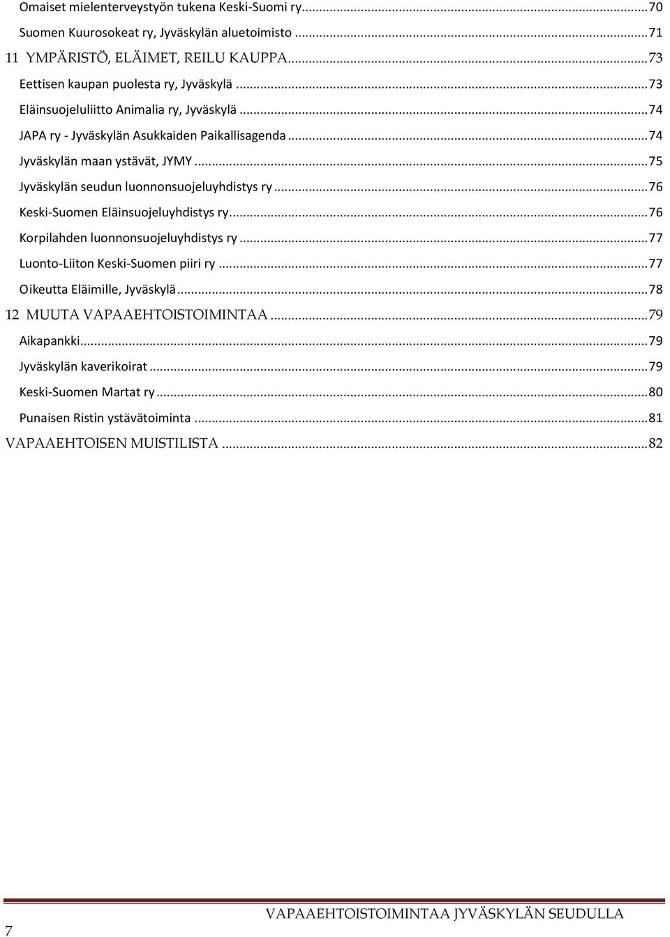 .. 76 Keski-Suomen Eläinsuojeluyhdistys ry... 76 Korpilahden luonnonsuojeluyhdistys ry... 77 Luonto-Liiton Keski-Suomen piiri ry... 77 Oikeutta Eläimille, Jyväskylä.